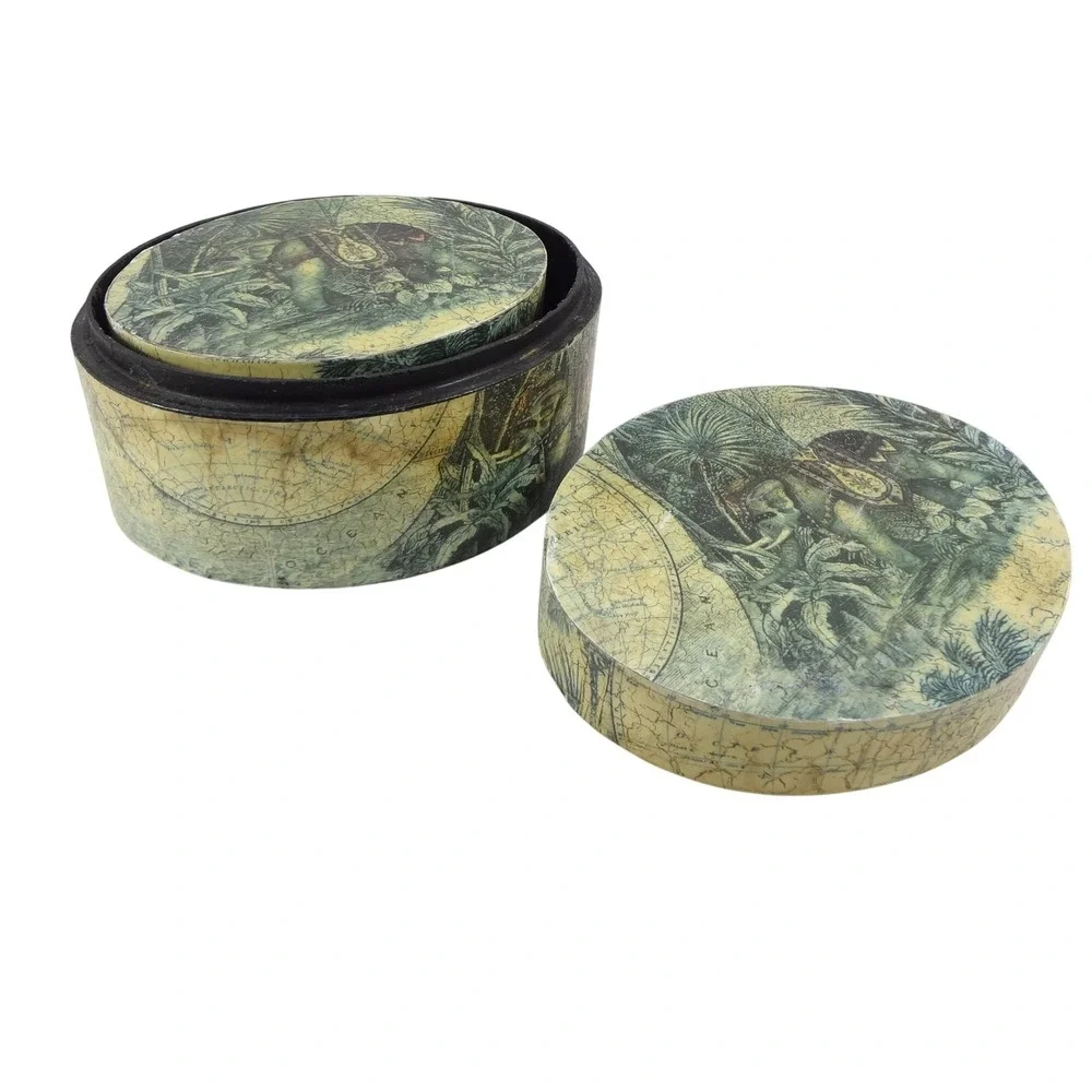 Vintage Elephant World Map Nesting Boxes Set of 2 Oval Crackle Finish Storage - Picture 3 of 3